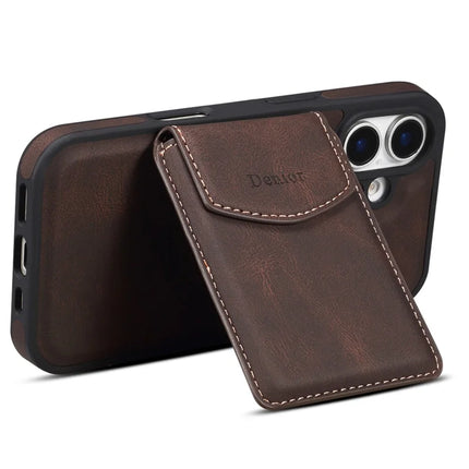 DENIOR D19 For iPhone 16 Magnetic Case Leather+PC+TPU Cover with Detachable Card Bag