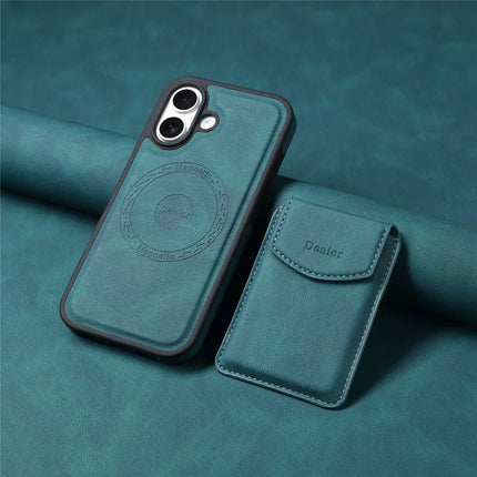 DENIOR D19 For iPhone 16 Magnetic Case Leather+PC+TPU Cover with Detachable Card Bag