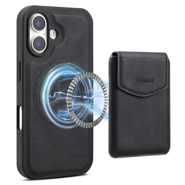DENIOR D19 For iPhone 16 Plus Magnetic Case Leather+PC+TPU Cover with Detachable Card Bag - Black