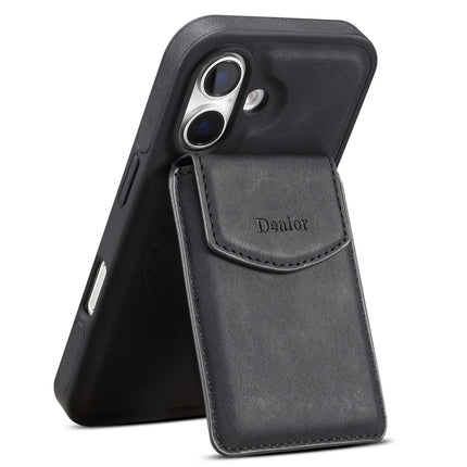 DENIOR D19 For iPhone 16 Plus Magnetic Case Leather+PC+TPU Cover with Detachable Card Bag