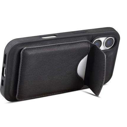 DENIOR D19 For iPhone 16 Plus Magnetic Case Leather+PC+TPU Cover with Detachable Card Bag
