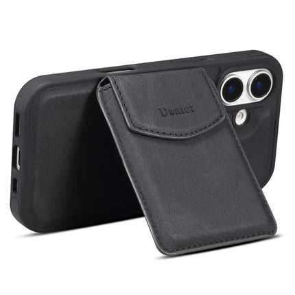 DENIOR D19 For iPhone 16 Plus Magnetic Case Leather+PC+TPU Cover with Detachable Card Bag