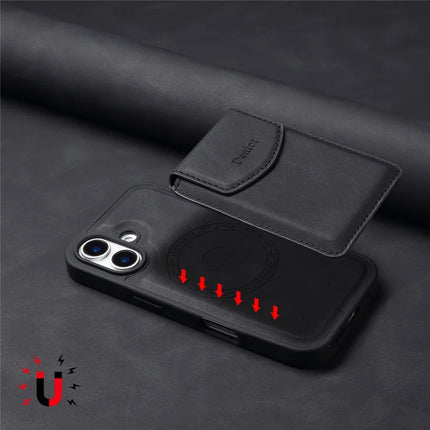 DENIOR D19 For iPhone 16 Plus Magnetic Case Leather+PC+TPU Cover with Detachable Card Bag