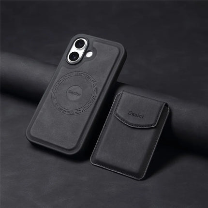 DENIOR D19 For iPhone 16 Plus Magnetic Case Leather+PC+TPU Cover with Detachable Card Bag