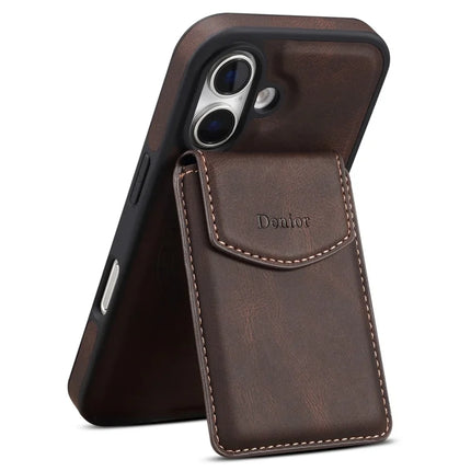 DENIOR D19 For iPhone 16 Plus Magnetic Case Leather+PC+TPU Cover with Detachable Card Bag