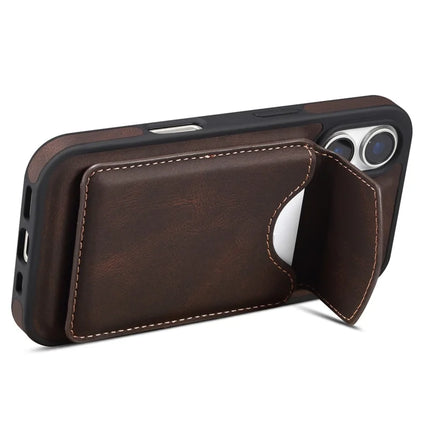 DENIOR D19 For iPhone 16 Plus Magnetic Case Leather+PC+TPU Cover with Detachable Card Bag