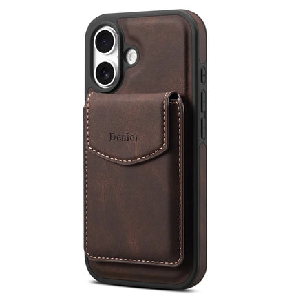 DENIOR D19 For iPhone 16 Plus Magnetic Case Leather+PC+TPU Cover with Detachable Card Bag