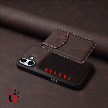 DENIOR D19 For iPhone 16 Plus Magnetic Case Leather+PC+TPU Cover with Detachable Card Bag