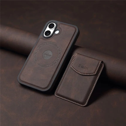 DENIOR D19 For iPhone 16 Plus Magnetic Case Leather+PC+TPU Cover with Detachable Card Bag