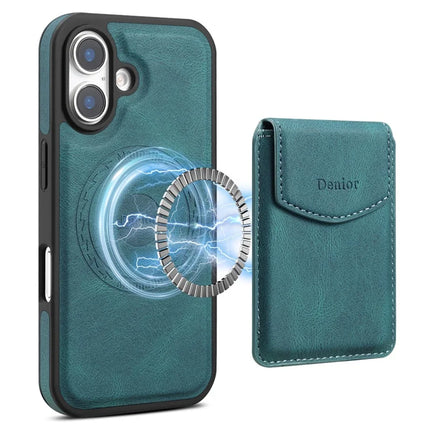 DENIOR D19 For iPhone 16 Plus Magnetic Case Leather+PC+TPU Cover with Detachable Card Bag - Blue