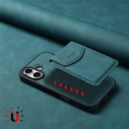 DENIOR D19 For iPhone 16 Plus Magnetic Case Leather+PC+TPU Cover with Detachable Card Bag