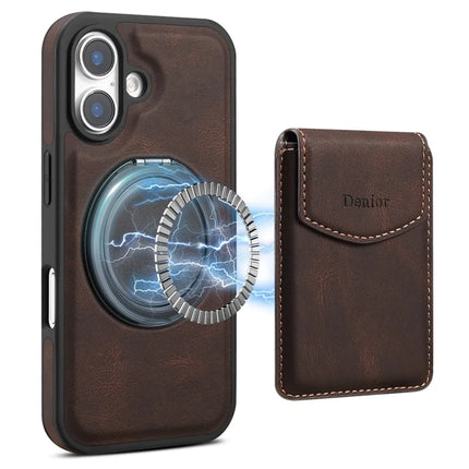 DENIOR D20 For iPhone 16 Case Detachable Card Bag Rotary Kickstand Leather+PC+TPU Cover - Brown