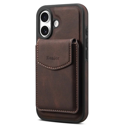 DENIOR D20 For iPhone 16 Case Detachable Card Bag Rotary Kickstand Leather+PC+TPU Cover