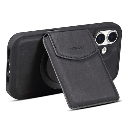 DENIOR D20 For iPhone 16 Case Detachable Card Bag Rotary Kickstand Leather+PC+TPU Cover