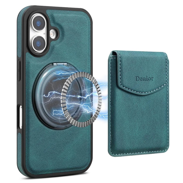 DENIOR D20 For iPhone 16 Plus Case Detachable Card Bag Rotary Kickstand Leather+PC+TPU Cover - Blue