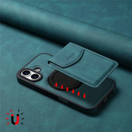 DENIOR D20 For iPhone 16 Plus Case Detachable Card Bag Rotary Kickstand Leather+PC+TPU Cover