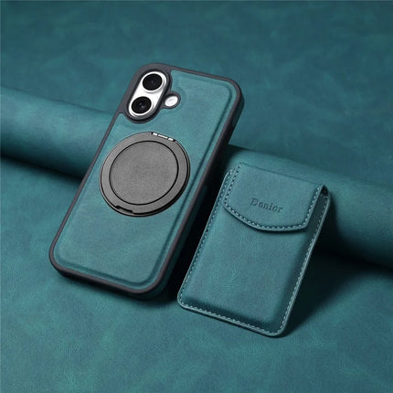 DENIOR D20 For iPhone 16 Plus Case Detachable Card Bag Rotary Kickstand Leather+PC+TPU Cover