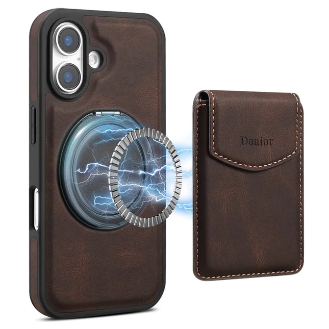 DENIOR D20 For iPhone 16 Plus Case Detachable Card Bag Rotary Kickstand Leather+PC+TPU Cover - Brown