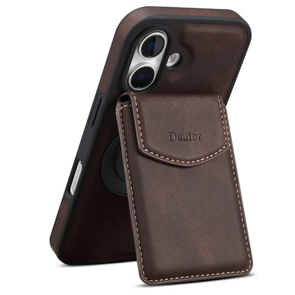 DENIOR D20 For iPhone 16 Plus Case Detachable Card Bag Rotary Kickstand Leather+PC+TPU Cover