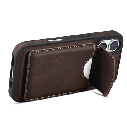 DENIOR D20 For iPhone 16 Plus Case Detachable Card Bag Rotary Kickstand Leather+PC+TPU Cover