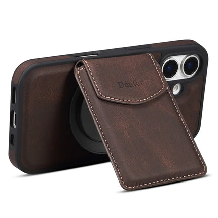 DENIOR D20 For iPhone 16 Plus Case Detachable Card Bag Rotary Kickstand Leather+PC+TPU Cover