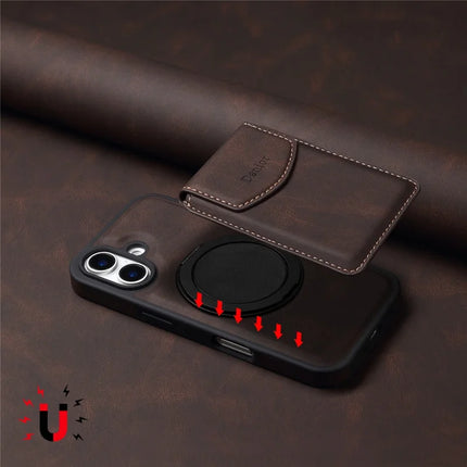DENIOR D20 For iPhone 16 Plus Case Detachable Card Bag Rotary Kickstand Leather+PC+TPU Cover