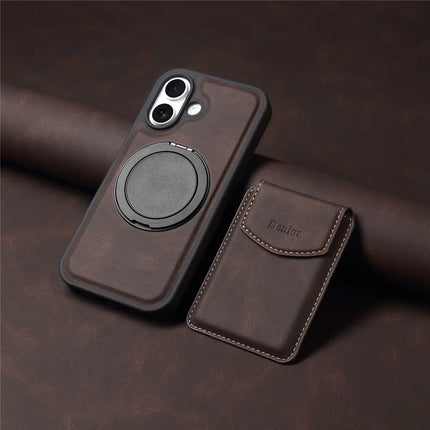 DENIOR D20 For iPhone 16 Plus Case Detachable Card Bag Rotary Kickstand Leather+PC+TPU Cover