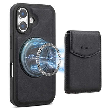 DENIOR D20 For iPhone 16 Plus Case Detachable Card Bag Rotary Kickstand Leather+PC+TPU Cover - Black