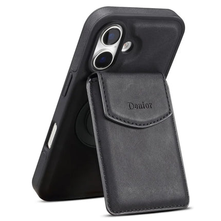 DENIOR D20 For iPhone 16 Plus Case Detachable Card Bag Rotary Kickstand Leather+PC+TPU Cover