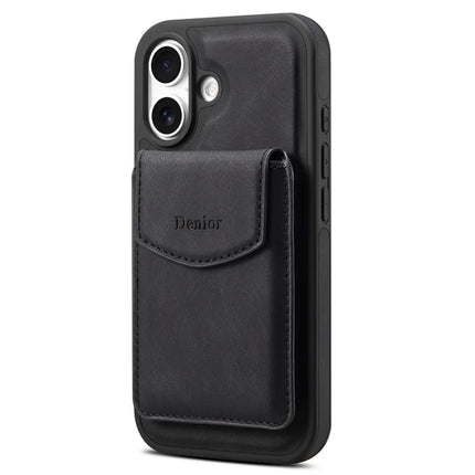 DENIOR D20 For iPhone 16 Plus Case Detachable Card Bag Rotary Kickstand Leather+PC+TPU Cover