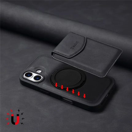 DENIOR D20 For iPhone 16 Plus Case Detachable Card Bag Rotary Kickstand Leather+PC+TPU Cover