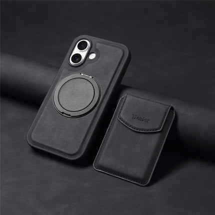 DENIOR D20 For iPhone 16 Plus Case Detachable Card Bag Rotary Kickstand Leather+PC+TPU Cover