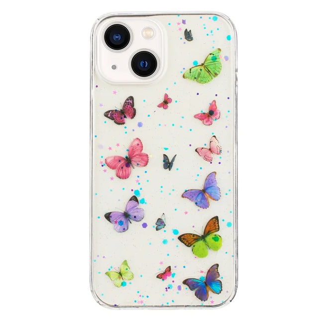 For iPhone 14 Case Anti Drop TPU Phone Back Cover Epoxy Glitter Butterfly - Pink