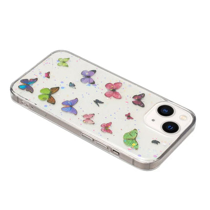 For iPhone 14 Case Anti Drop TPU Phone Back Cover Epoxy Glitter Butterfly