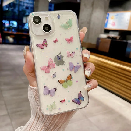 For iPhone 14 Case Anti Drop TPU Phone Back Cover Epoxy Glitter Butterfly