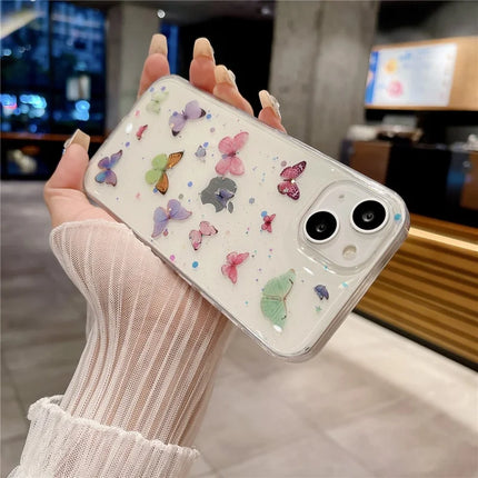 For iPhone 14 Case Anti Drop TPU Phone Back Cover Epoxy Glitter Butterfly