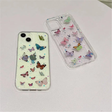 For iPhone 14 Case Anti Drop TPU Phone Back Cover Epoxy Glitter Butterfly