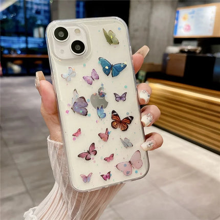 For iPhone 14 Case Anti Drop TPU Phone Back Cover Epoxy Glitter Butterfly