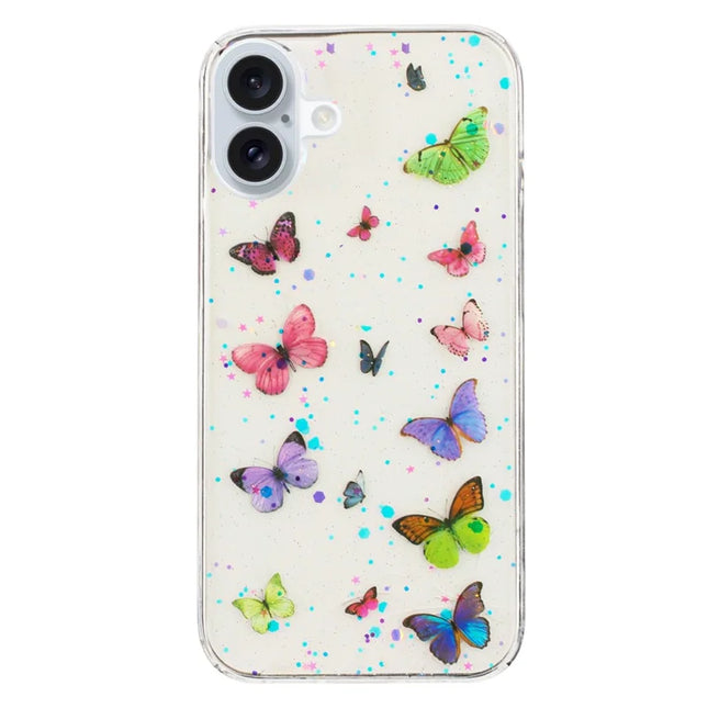 For iPhone 16 Plus Case Anti Drop TPU Phone Back Cover Epoxy Glitter Butterfly - Pink