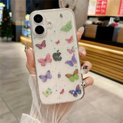 For iPhone 16 Plus Case Anti Drop TPU Phone Back Cover Epoxy Glitter Butterfly