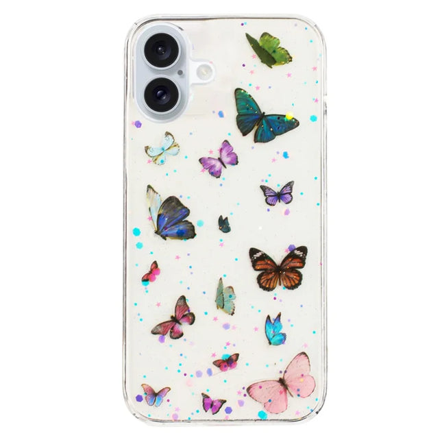 For iPhone 16 Plus Case Anti Drop TPU Phone Back Cover Epoxy Glitter Butterfly - Blue