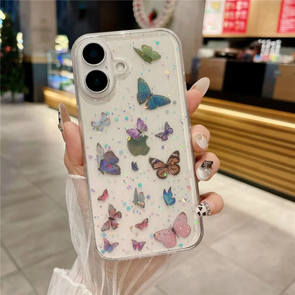 For iPhone 16 Plus Case Anti Drop TPU Phone Back Cover Epoxy Glitter Butterfly