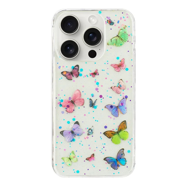 For iPhone 16 Pro Max Case Anti Drop TPU Phone Back Cover Epoxy Glitter Butterfly - Pink