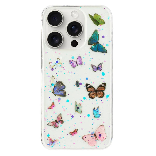 For iPhone 16 Pro Max Case Anti Drop TPU Phone Back Cover Epoxy Glitter Butterfly - Blue
