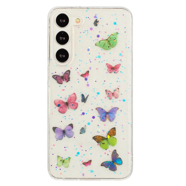 For Samsung Galaxy S23 Case Anti Drop TPU Phone Back Cover Epoxy Glitter Butterfly - Pink