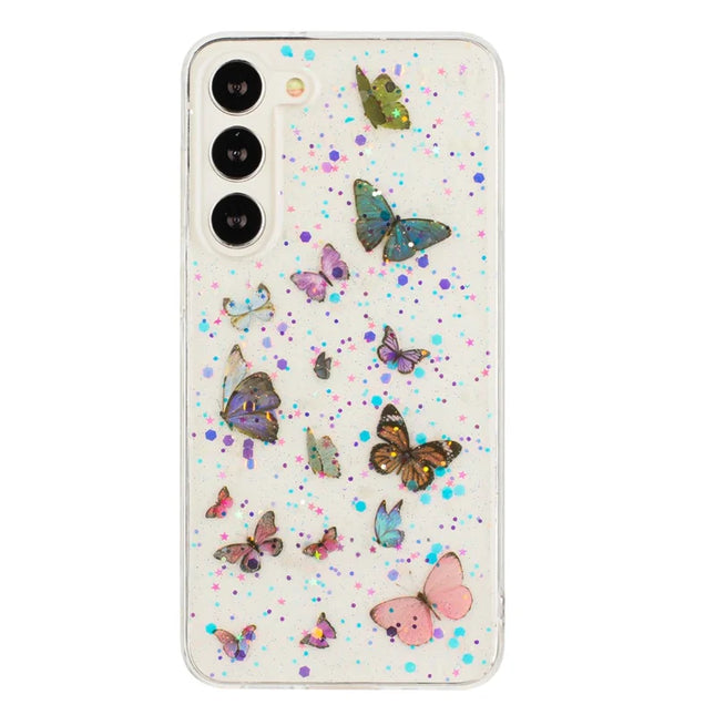 For Samsung Galaxy S23 Case Anti Drop TPU Phone Back Cover Epoxy Glitter Butterfly - Blue