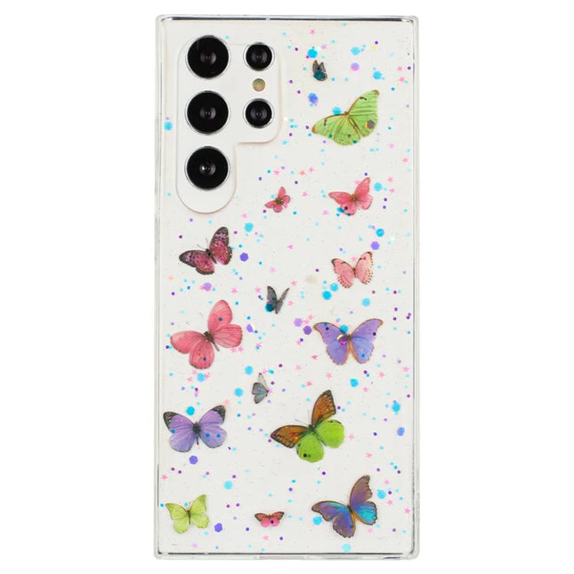 For Samsung Galaxy S23 Ultra Case Anti Drop TPU Phone Back Cover Epoxy Glitter Butterfly - Pink