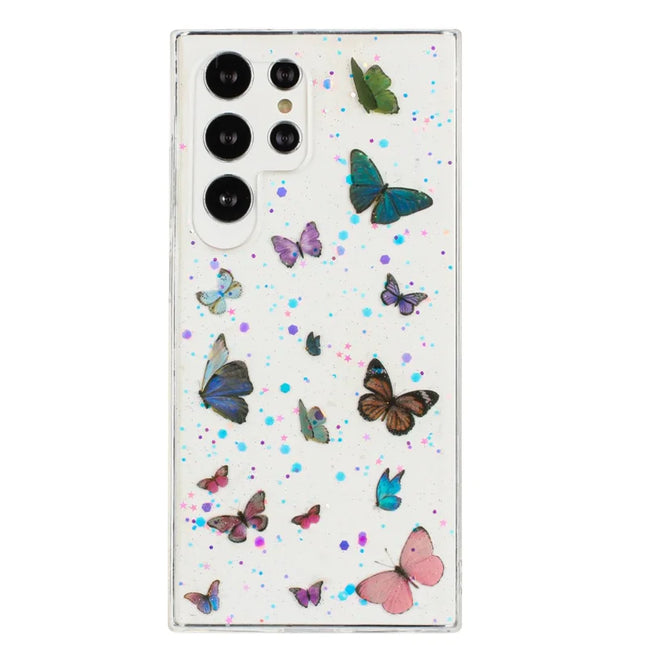 For Samsung Galaxy S23 Ultra Case Anti Drop TPU Phone Back Cover Epoxy Glitter Butterfly - Blue