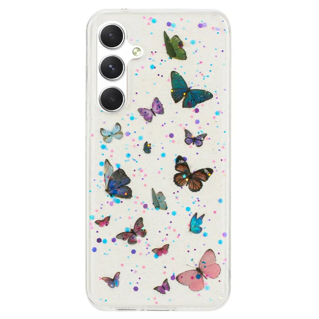 For Samsung Galaxy S23 FE Case Anti Drop TPU Phone Back Cover Epoxy Glitter Butterfly - Blue