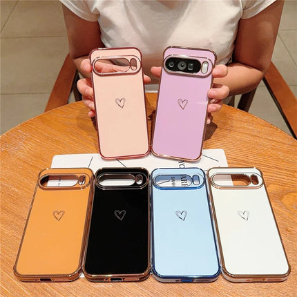 For Google Pixel 9 Pro XL Case Love Heart Pattern TPU Phone Cover Electroplating Edge